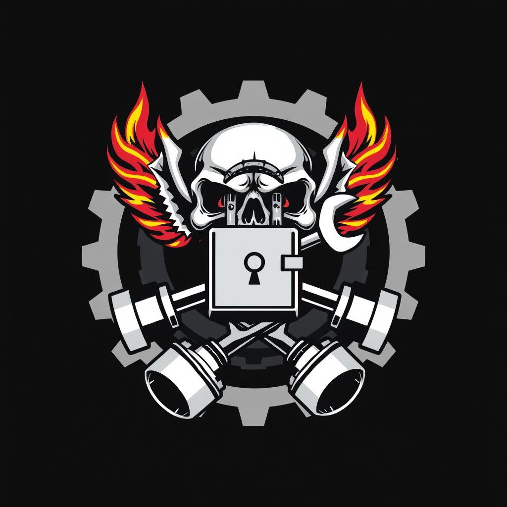 A logo featuring a skull biting a combination lock, with a wrench and a ring spanner incorporated into the design