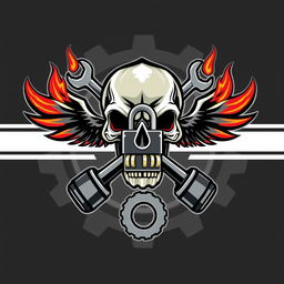 A logo featuring a skull biting a combination lock, with a wrench and a ring spanner incorporated into the design