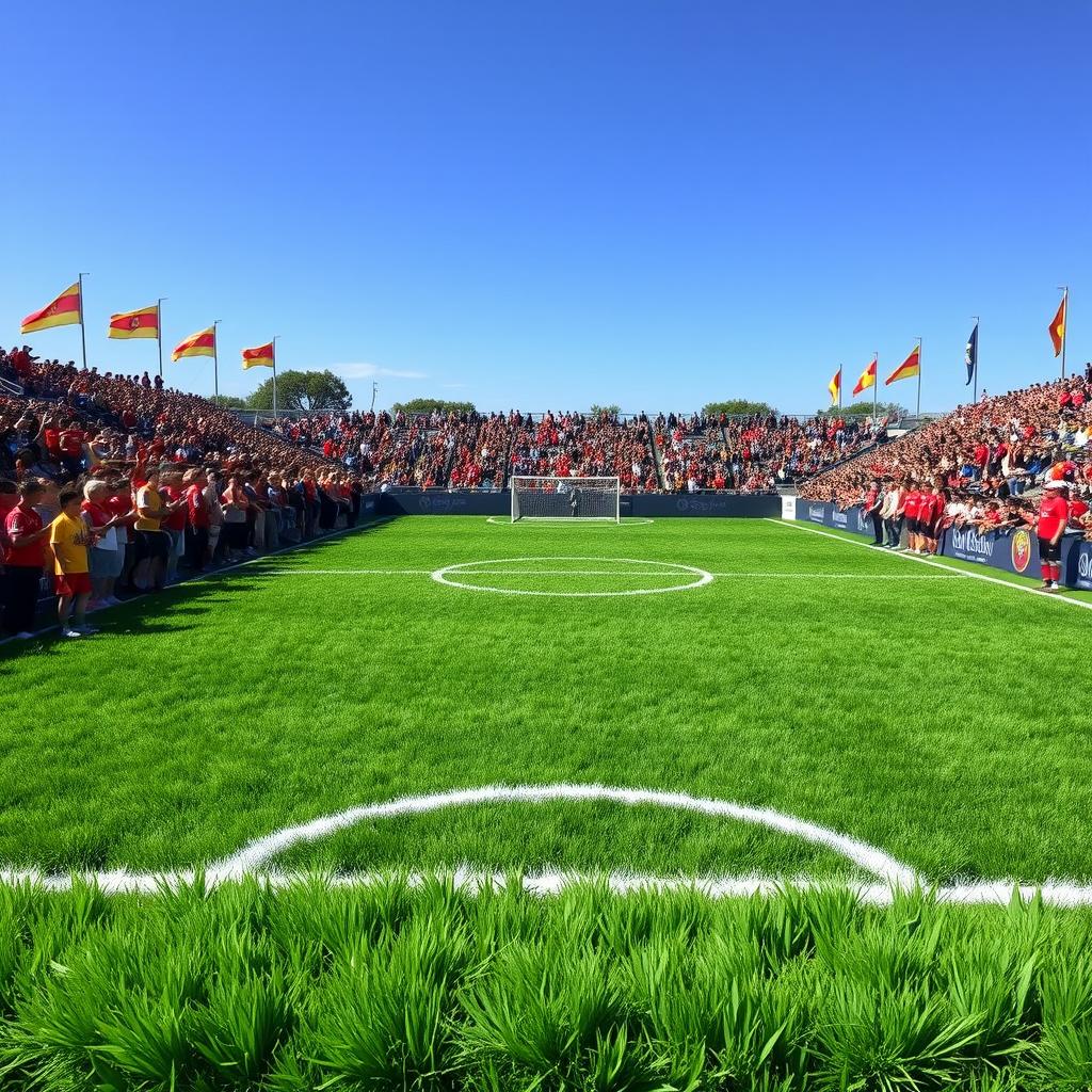 A football field uniquely designed with a surface made entirely of fur instead of grass