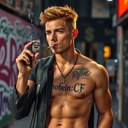 A 25-year-old man casually smoking a cigarette, holding a revolver in one hand