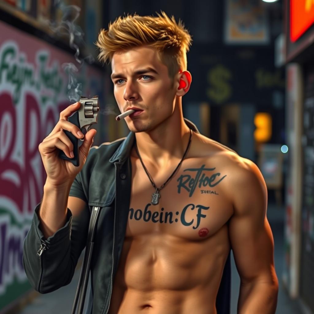 A 25-year-old man casually smoking a cigarette, holding a revolver in one hand