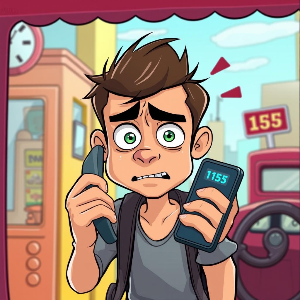 A cartoon scene depicting a nervous man, with exaggerated facial expressions of worry and anxiety, dialing the emergency number 115 on his cell phone