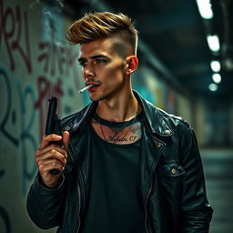 A 25-year-old man casually smoking a cigarette, holding a revolver in his hand