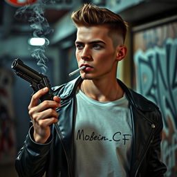 A 25-year-old man casually smoking a cigarette, holding a revolver in his hand