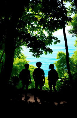 A silhouetted scene depicting four adventurous figures in a lush green forest setting