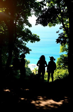 A silhouetted scene depicting four adventurous figures in a lush green forest setting