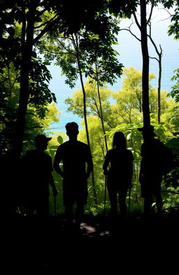 A silhouetted scene depicting four adventurous figures in a lush green forest setting