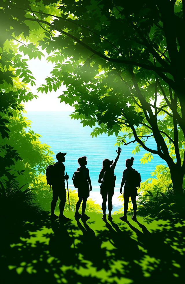 A silhouetted scene depicting four adventurous figures in a lush green forest setting