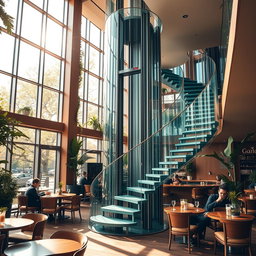 A cozy and modern cafe featuring a stunning central glass staircase and elevator