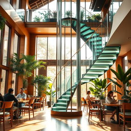 A cozy and modern cafe featuring a stunning central glass staircase and elevator