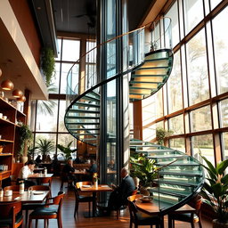 A cozy and modern cafe featuring a stunning central glass staircase and elevator