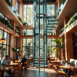 A cozy and modern cafe featuring a stunning central glass staircase and elevator