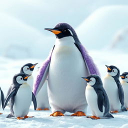 A creative and unique penguin with light purple coloring, teaching ordinary penguins