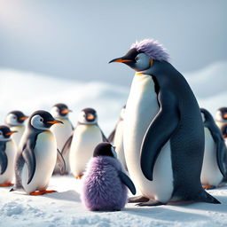 A creative and unique penguin with light purple coloring, teaching ordinary penguins