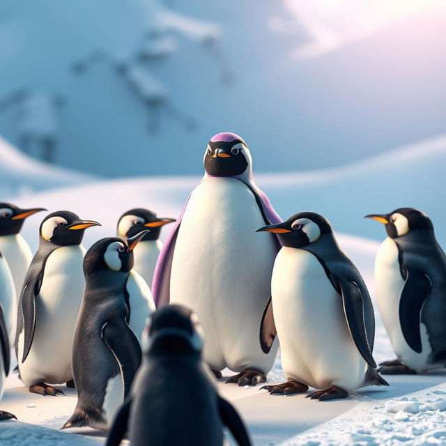 A creative and unique penguin with light purple coloring, teaching ordinary penguins