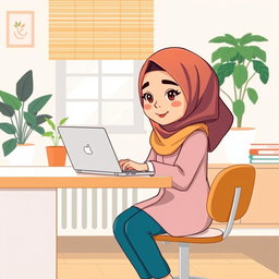 A cartoon illustration of a hejabi girl sitting at a modern desk, typing an email on her laptop