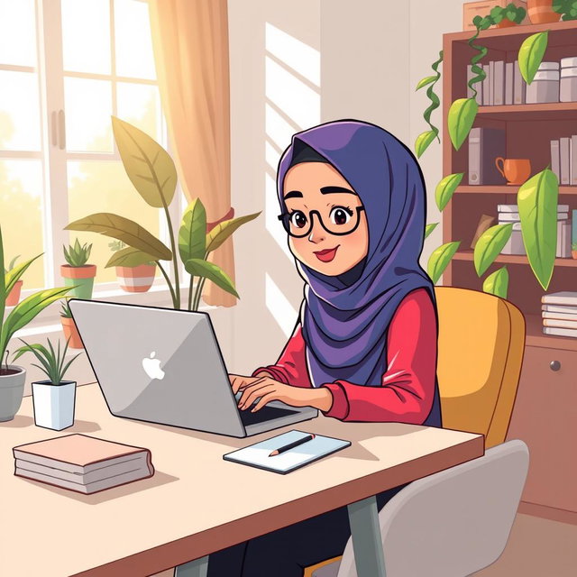 A cartoon illustration of a hejabi girl sitting at a modern desk, typing an email on her laptop