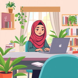 A cartoon illustration of a hejabi girl sitting at a modern desk, typing an email on her laptop