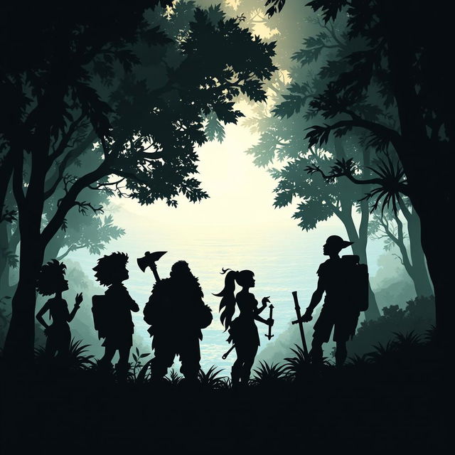 A fantastical silhouetted scene featuring four adventurous characters in a dense, mystical forest