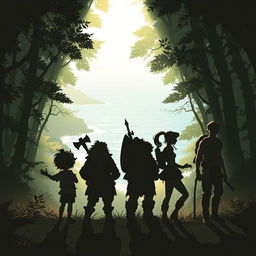 A fantastical silhouetted scene featuring four adventurous characters in a dense, mystical forest