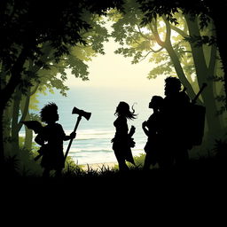 A fantastical silhouetted scene featuring four adventurous characters in a dense, mystical forest
