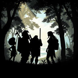 A fantastical silhouetted scene featuring four adventurous characters in a dense, mystical forest