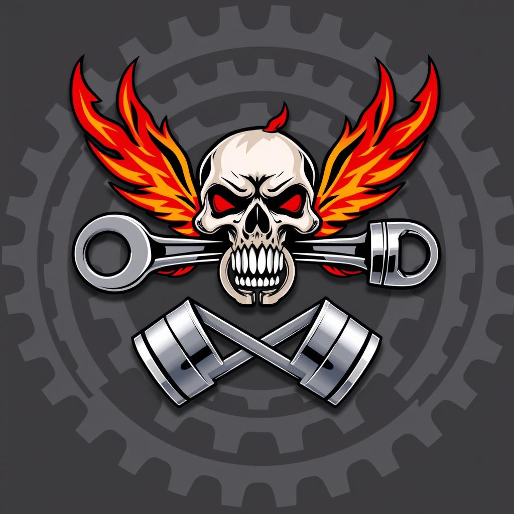 A striking logo featuring a skull biting a wrench and a ring, with fiery wings extending outward