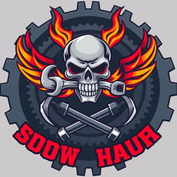 A striking logo featuring a skull biting a wrench and a ring, with fiery wings extending outward