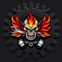 A striking logo featuring a skull biting a wrench and a ring, with fiery wings extending outward