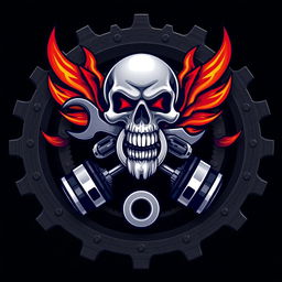 A striking logo featuring a skull biting a wrench and a ring, with fiery wings extending outward