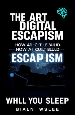 A sleek and futuristic book cover for *"The Art of Digital Escapism: How AI Can Build Your Empire While You Sleep"*