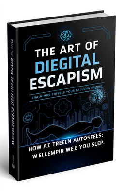 A sleek and futuristic book cover for *"The Art of Digital Escapism: How AI Can Build Your Empire While You Sleep"*