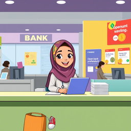 A cartoon-style illustration of a young hijabi girl sitting at a bank counter, smiling as she opens a bank account