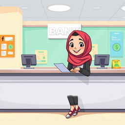 A cartoon-style illustration of a young hijabi girl sitting at a bank counter, smiling as she opens a bank account
