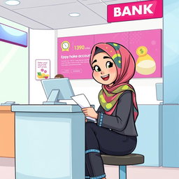 A cartoon-style illustration of a young hijabi girl sitting at a bank counter, smiling as she opens a bank account