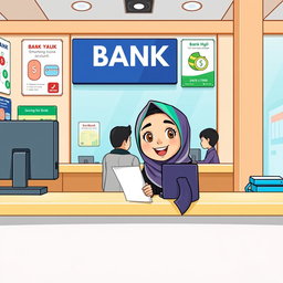 A cartoon-style illustration of a young hijabi girl sitting at a bank counter, smiling as she opens a bank account