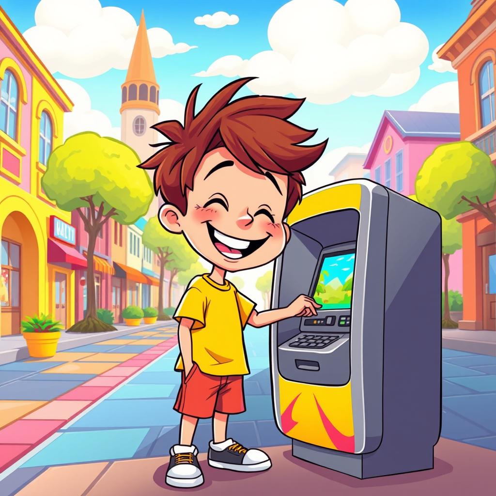 A cheerful cartoon boy with a big smile, happily withdrawing money from an ATM on a vibrant, colorful street