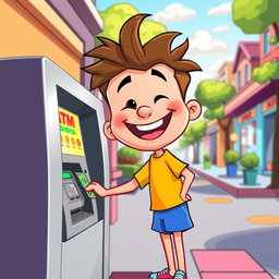 A cheerful cartoon boy with a big smile, happily withdrawing money from an ATM on a vibrant, colorful street