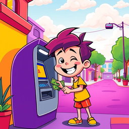 A cheerful cartoon boy with a big smile, happily withdrawing money from an ATM on a vibrant, colorful street