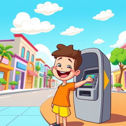 A cheerful cartoon boy with a big smile, happily withdrawing money from an ATM on a vibrant, colorful street