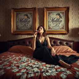 A wealthy woman sitting on a luxurious bed, smoking a cigarette