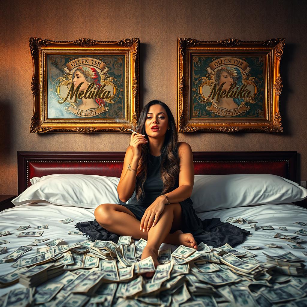 A wealthy woman sitting on a luxurious bed, smoking a cigarette