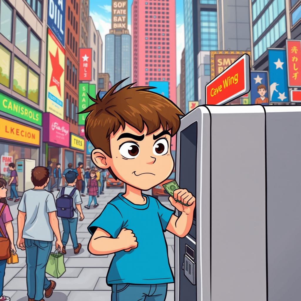 A cartoon-style illustration of a serious young boy, around 12 years old, confidently withdrawing cash from an ATM