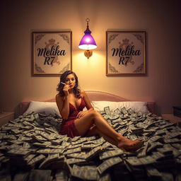 A wealthy woman sitting on a luxurious bed, smoking a cigarette