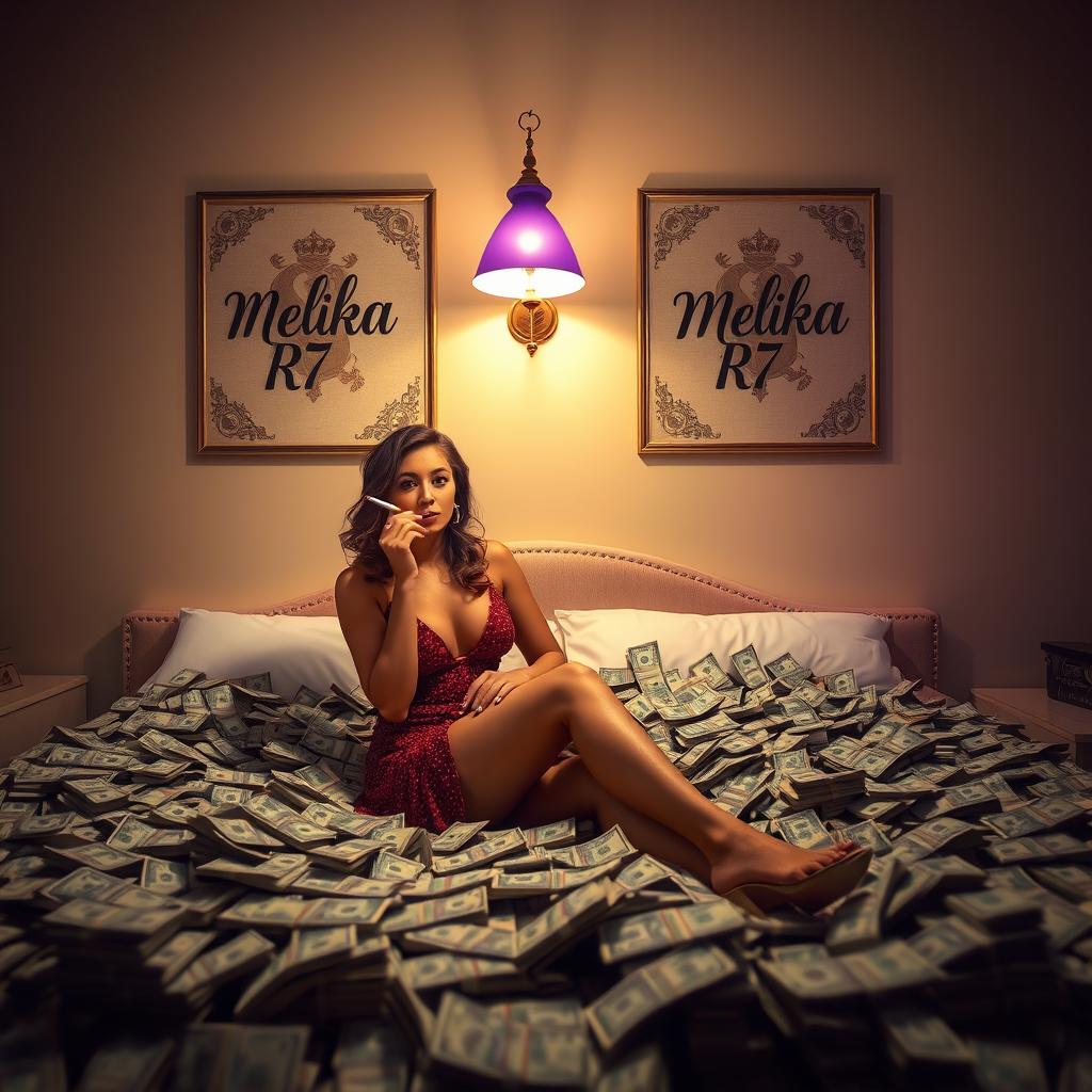 A wealthy woman sitting on a luxurious bed, smoking a cigarette