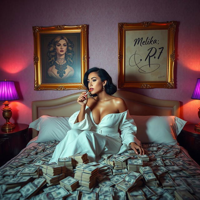 A wealthy woman sitting on a luxurious bed, smoking a cigarette