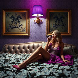 A wealthy woman sitting on a luxurious bed, smoking a cigarette