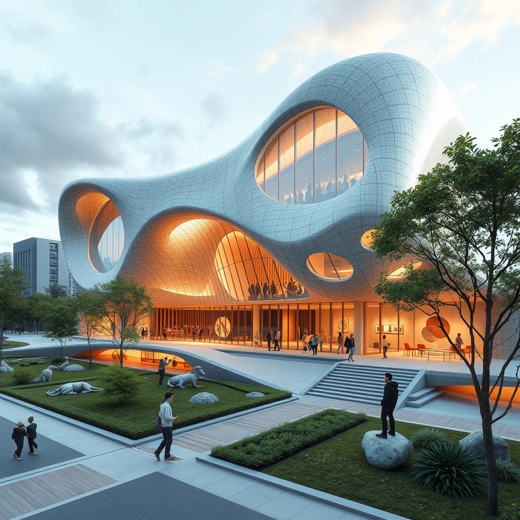 Design a modern art museum inspired by abstract and natural art