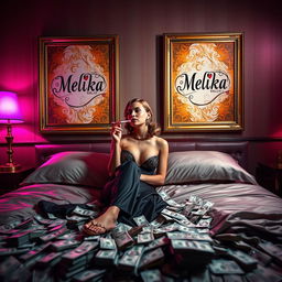 A wealthy woman sitting elegantly on a luxurious bed, smoking a cigarette