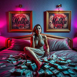 A wealthy woman sitting elegantly on a luxurious bed, smoking a cigarette